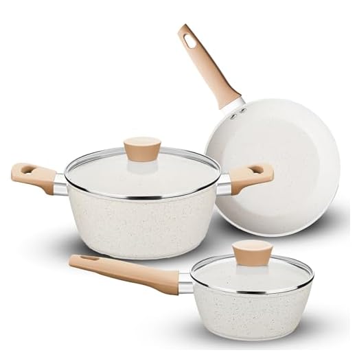 Jogo de Panelas Antiaderente 3 Peças Granito Starflon Max - Com Panela Frigideira Caçarola - Revestimento Marmorizado - Carmela Premium - Vanilla Bkza