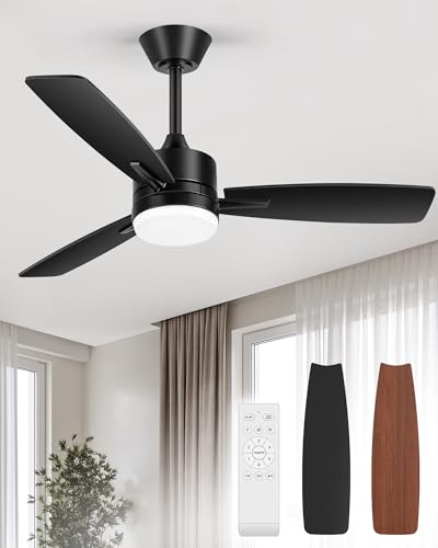 Breezary 42 Inch Ceiling Fan with Light Remote Control,Bedroom Small Black Ceiling Fans with Lights DC Motor,Reversible Dual-Sided Blades for Farmhouse Patio Covered Outdoor