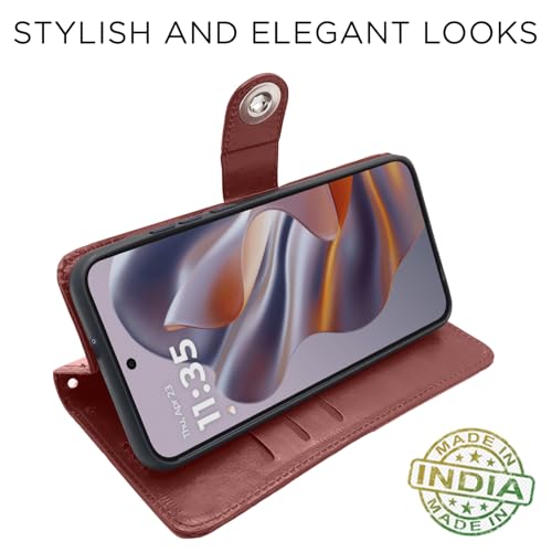 Image of Pikkme Flip Cover Leather Finish | Inside TPU with Card Pockets | Wallet Stand and Shock Proof | Complete Protection Button Flip Case for Moto Edge 50 Neo 5G (Brown)