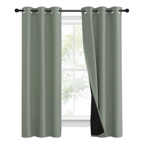 Image of NICETOWN 100% Blackout Window Curtain Panels, Heat and Full Light Blocking Drapes with Black Liner for Nursery, 60 inch Drop Thermal Insulated Draperies (Greyish Green, 2 Pieces, 37 inch Wide Each Panel)