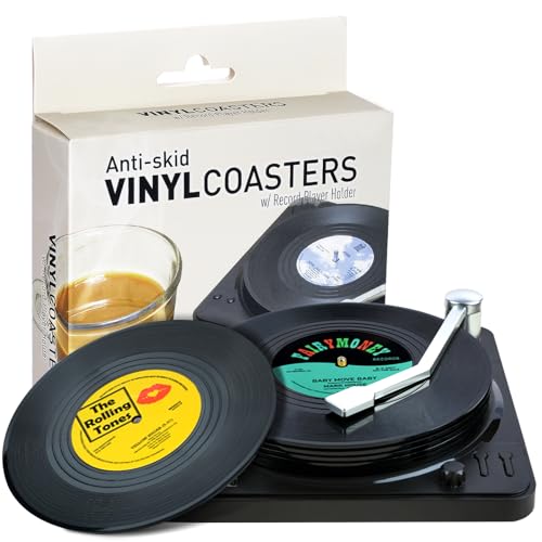 Funny Retro Record Coasters for Drinks with Vinyl Player Holder for Music Lovers Set of 6 Conversation Piece Sayings Drink Coaster Housewarming Hostess Wedding Registry Gift Ideas