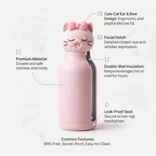 Image of JOUET Kids Water Bottle 450ml, Stainless Steel Leakproof Bottle with Cute Cat Character Lid, Reusable School Water Bottle for Boys & Girls