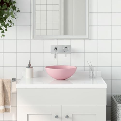 Lavabo redondo rosa mate sin rebosadero cuenco de cerámica con acabado suave 3
