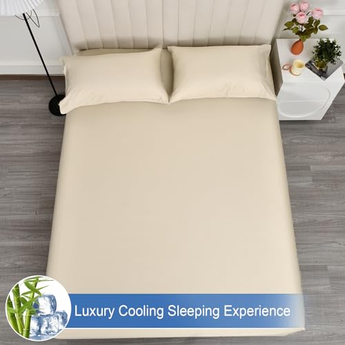 PHF 100% Rayon Derived from Bamboo Fitted Sheet King Size, 16" Deep Pocket,2.5cm Wider Strong Elastic Easy Fit, Breathable Silky Soft Skin-Friendly for Hot Sleeper,78"x 80",Natural,No Pillowcase
