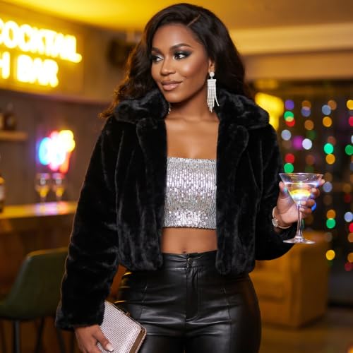 Image of RAMOUG Women Faux Fur Jacket Lapel Crop Fuzzy Coat Outerwear