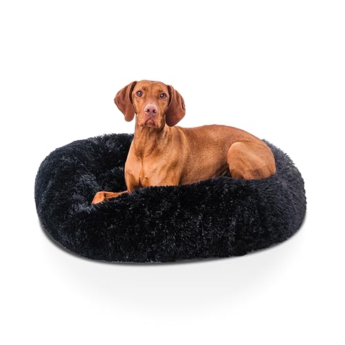 Woof & Whiskers Donut Dog Bed Black Large 80cm Calming Plush Round Pet Bed for Dogs & Puppies | Anti-Anxiety Bed Non-Slip Base Soft Machine Washable (Black 80cm)