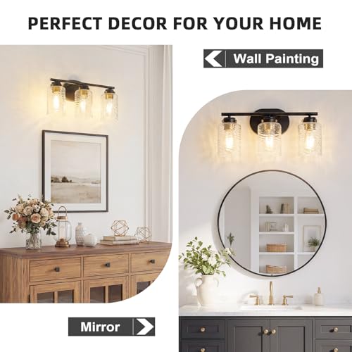 Image of 3-Light Bathroom Light Fixtures, 18 Inches Black Gold Vanity Light | Thick Water Ripple Clear Glass, Bathroom Wall Lamp for Mirror, Rust-Proof, Up /Down Mount, ETL Certified, E26 Ceramic Sockets