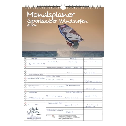 Sportmagi vindsurfing planerare familjeplanerare 4 kolumnplanerare DIN A3-kalender för 2026 brädsegling segling stående segling – själsmagi