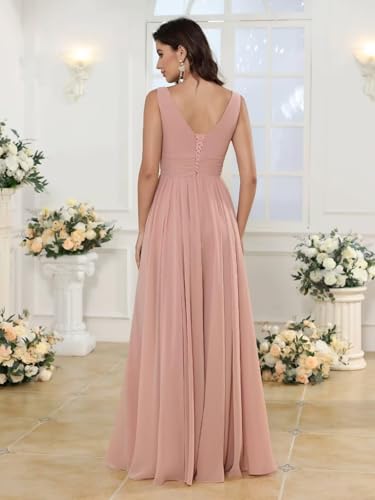 RSOETOO Chiffon Bridesmaid Dresses with Pockets A-line Ruffles Long Chiffon Formal Party Dress with Slit RO0562