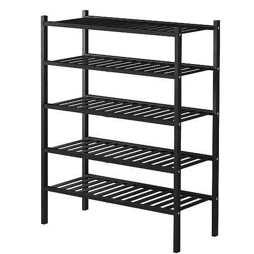 5 Tier Bamboo Shoe Rack for Closet Free Standing Wood Shoe Shelf for Entryway Small Space Stackable 27"x11"x33" (Black)