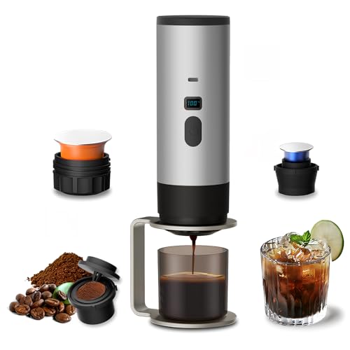 3-in-1 Portable Coffee Maker, Espresso Machine, Self-Heating Travel Coffee Maker Compatible with NS, DG Pods & Ground Coffee, Small Mini Espresso Machine for Car Camping, Hiking With Stand (grey)