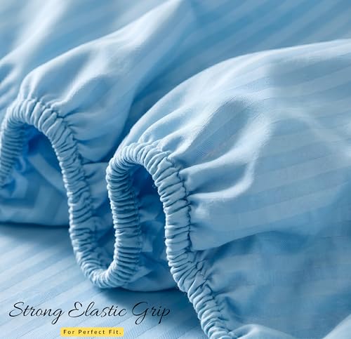 Image of VAS COLLECTIONS Premium 210 TC Cotton Satin Striped Elastic Fitted Bedsheets with 2 Pillow Covers | Double Bed with All Around Elastic Supersoft | Size - 78x72+10 inches, Aqua