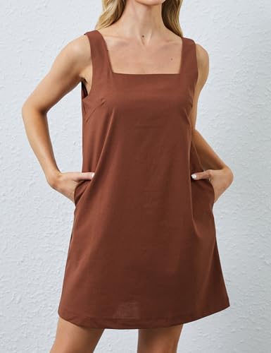 Image of Womens Summer Sleeveless Dresses Cotton Linen Mini Sundress Casual Square Neck Backless Solid Tank Shift Dress