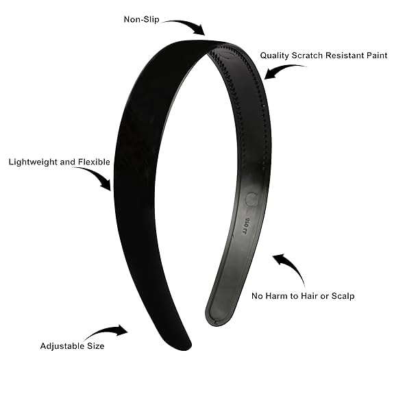 Image of Truvic Black Hair Bands for Women & Girls - Set of 6, Glossy Finish, Assorted Widths, Non-Slip Headbands for Makeup, Sports, School, Office & Hair Styling Accessories