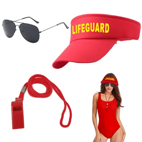 UILYNIU 3 Pièces Costume de Sauveteur, Accessoires de Sauveteur Casquette Visière Rouge Sifflet Lunettes de Soleil, Deguisement Plage Chapeau per Adultes...