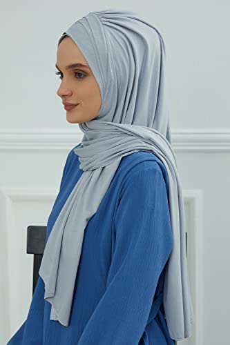 Aisha's Design Instant Hijab for Women Muslim, Presewn 95% Cotton Jersey Turban, Ready to Wear Scarf, Light Grey4