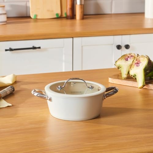 Karaca Swiss Crystal Almond Cream 18 cm Non-Stick Induction Casserole with Lid – PFAS/PFOA-Free Ceramic Coating, Dishwasher Safe, Almond Cream Finish