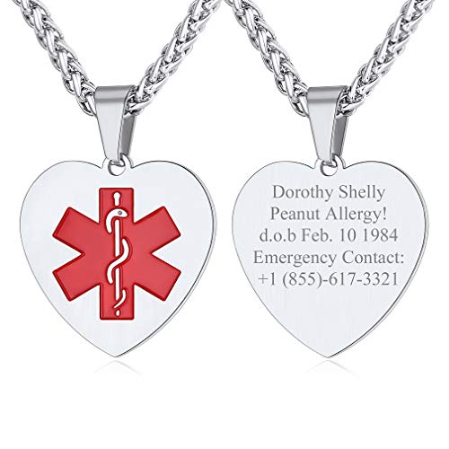 Custom4U Medical Alert Necklace for Women Men Personalized Stainless steel Medical ID Tag Tag with Name Engraved 2.0 Silver