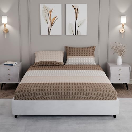 Image of BLISSHOME SoftTouch 150TC Cotton King Size Fitted Bedsheet with 2 Pillow Covers, Silky Smooth Bedding Set, Breathable, Easy Maintain, Geometric Pattern - Brown (183cm x 198cm + 25cm Drop)