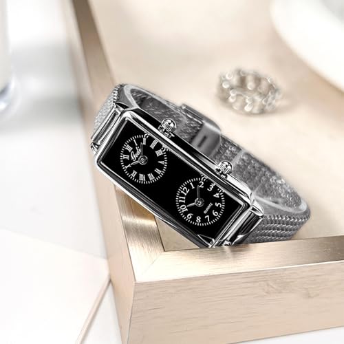 Gosasa Women’s Vintage Rectangle Watch Dual Time Zone Waterproof Ladies Quartz Analog Wristwatch with Two Dials, Roman & Arabic Numerals, Leather Strap for Travel & Business (Silver Black) by Gosasa - Used condition - Image 2