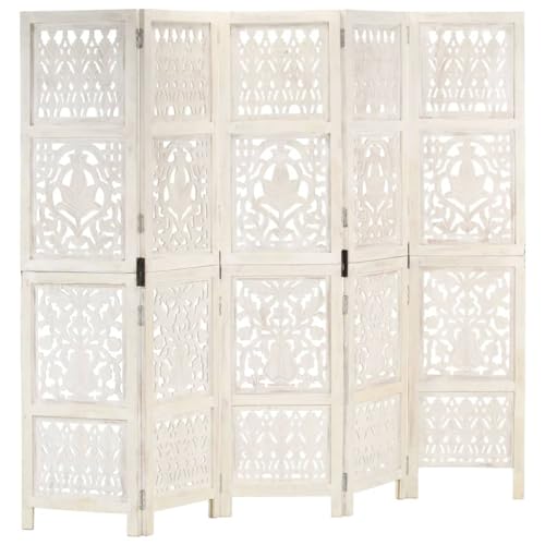 Biombo Separador De Ambientes, Biombo 5 Paneles Tallado a Mano Madera Mango Blanco 200x165 cm Divisor De Ambientes para Interiores, Separador de Ambientes para Oficina, Dormitorio