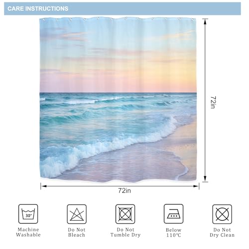 Riyidecor Ocean Beach Shower Curtain for Bathroom Decor 72Wx72H Beachy Hawaiian Waves Sea Blue Pink Tropical Coastal Seaside Scene Island Art Printed Fabric Polyester Waterproof 12 Pack Plastic Hooks by Riyidecor - Used condition - Image 5