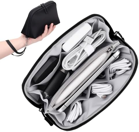 FYY Travel Cable Organizer - 8 Compartments Lightweight Water Resistant Tech Pouch with Wrist Strap, Portable Electronic Accessories Case for Cord Charger Storage for Travel Home Office, Black (Small)