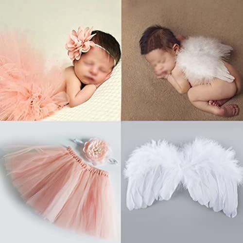 CoFashion Newborn Girls Photo Prop Outfit Girl Fluffy Peach Pink Tutu Skirt Flower Newborn Headbands + Infant Baby Angel Wings Feather - Baby Girls Photograph Clothes for Newborn Photo Shoot