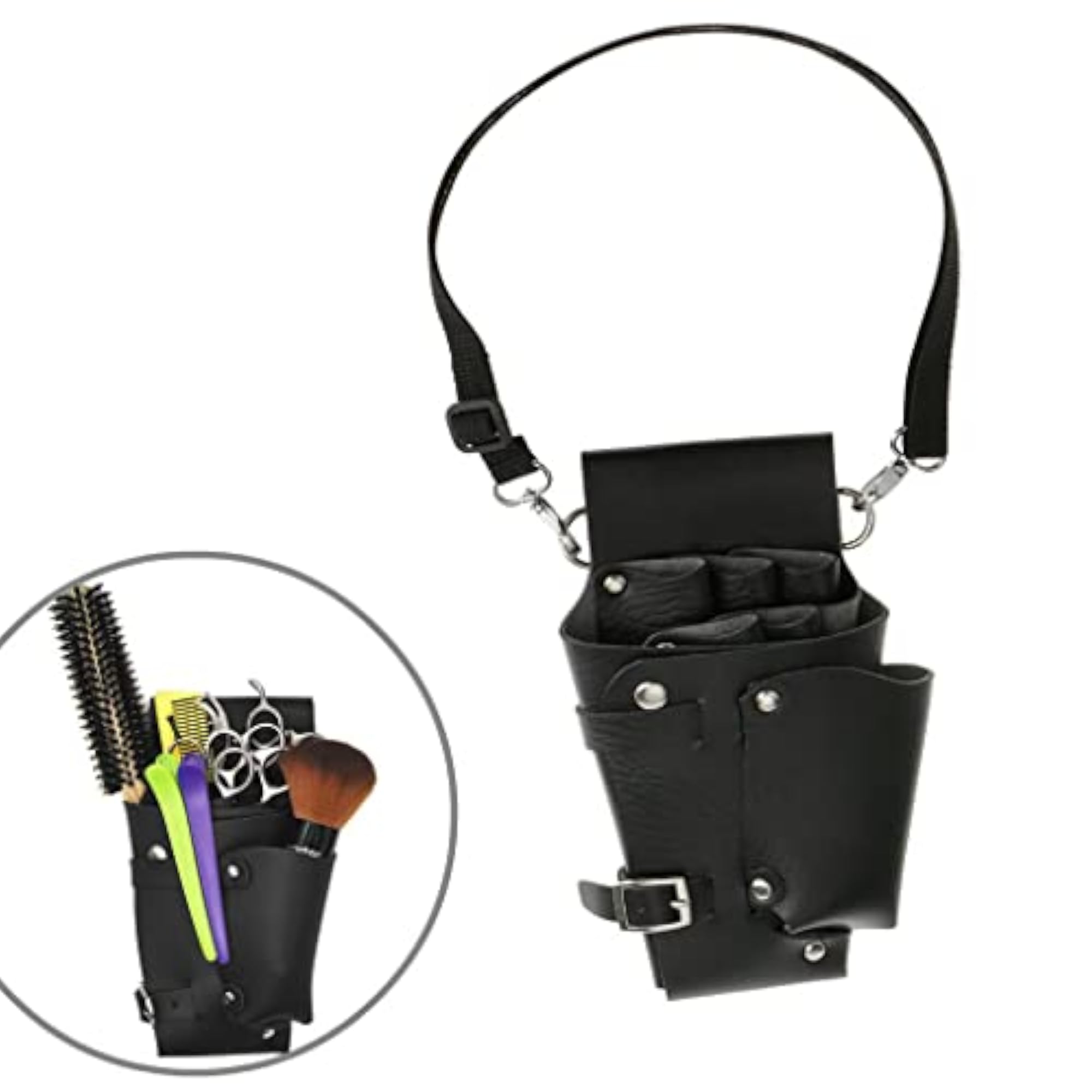 PU Leather Hair Scissors Combs Holster Bag, Black