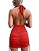 HOCILLE Women's Sexy Halter Bodycon V Neck Backless Ruched Drawstring Mini Club Party Dresses, Small, Red