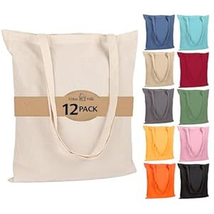Urban Villa 12 Pack Reusable Grocery Bags 15’’x16’’ with 27’’ long Handle Natural Color 100% Cotton Tote Bags Medium Weight Grocery Shopping Cloth Bags Great Choice for Promotion Gift DIY Advertising