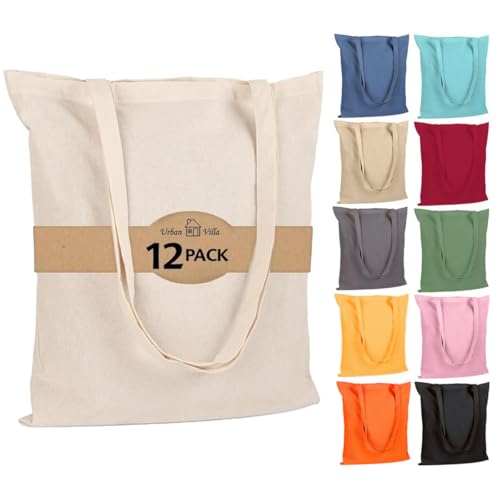 Urban-Villa-12-Pack-Reusable-Grocery-Bags-15x16-with-27-long-Handle-Natural-Color-100-Cotton-Tote-Bags-Medium-Weight-Grocery-Shopping-Cloth-Bags-Great-Choice-for-Promotion-Gift-DIY-Advertising