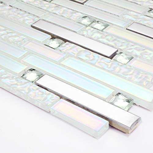 Hominter 11-Sheets Glass And Metal Tile, Iridescent White And Silver Mirror Stainless Steel Linear Wall Tile, Backsplash Tile For Kitchen And Bathroom Nb01 #TOP2