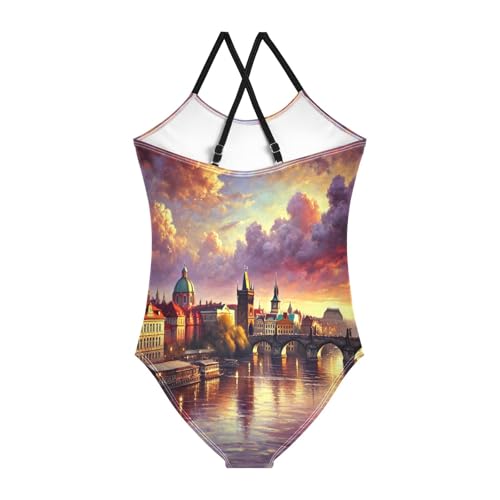 River Buildings Purple Swimsuit for Girls Bathing Suit Swimwear Swimsuits Summer Beach One Piece2