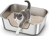 Qiuma Stainless Steel Cat Litter Box with Low Entry, Metal Kitty Litter Box for Senior or Injured Cats, Odor-Free, Non-Stick, Easy to Clean, 17.5"x13.6"x5.9", Litter Pan for Medium and Small Cats