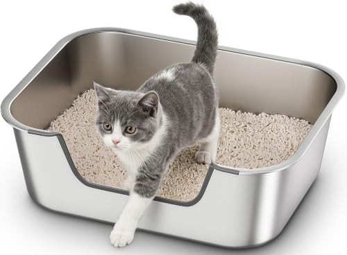 Qiuma Stainless Steel Cat Litter Box with Low Entry, Metal Kitty Litter Box for Senior or Injured Cats, Odor-Free, Non-Stick, Easy to Clean, 17.5"x13.6"x5.9", Litter Pan for Medium and Small Cats
