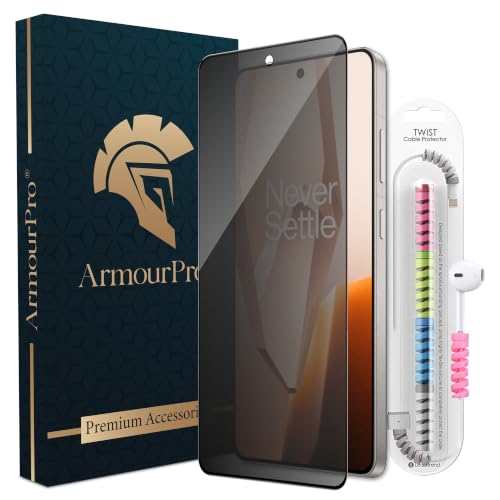 Image of ArmourPro Privacy Tempered Glass for OnePlus 13R, Anti Spy Anti Peeping Screen Protector, Edge-to-Edge Full Coverage, 9H Hardness with Cable Protector | Black