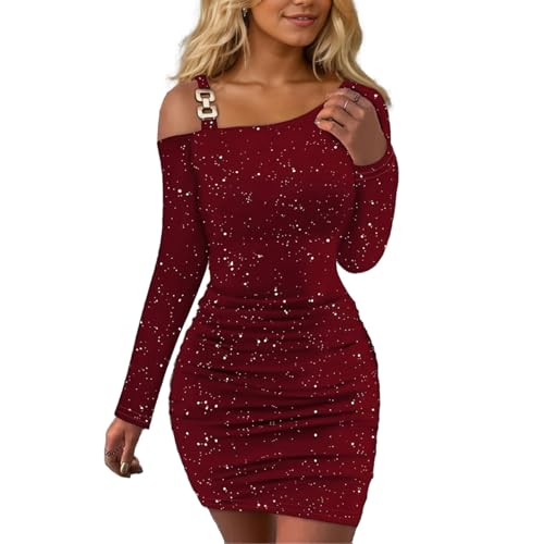 EMOTTOS Damen Sexy Pailletten Minikleid, Ausgehkleider Schulterfrei Quadratische Schnalle Abgeschrägte Schultern Wickelkleid, Unten Taille Falte Slim...