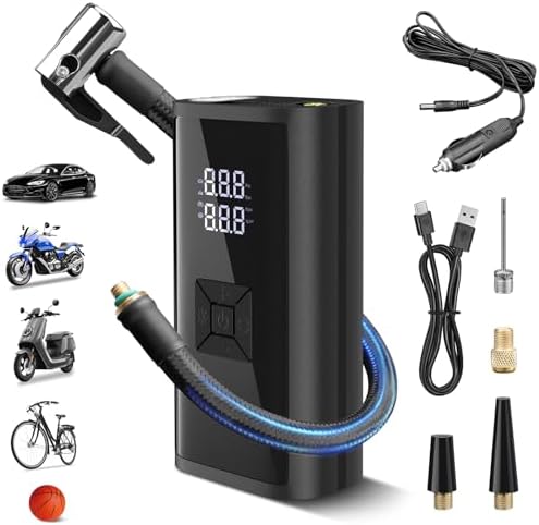 Tire Inflator Portable Air Compressor, Cordless Air Pump with Digital Pressure Gauge, DC 12V Car Tire Pump, 150PSI 6000mAh Fast Inflate Air Compressor for Cars, Bikes, Motorcycle Tires, Balls