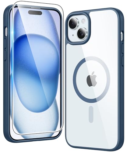 Image of FNTCASE for iPhone 15 Case Clear: iPhone 14 /13 Case Magnetic Phone Cases with Screen Protector Compatible with Magsafe Slim Anti Yellowing Rugged Protective Transparent Cell Cover (B-Blue)