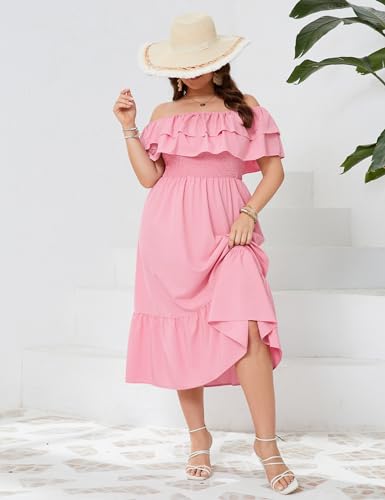 Image of KOJOOIN Women Plus Size Off Shoulder Maxi Dress Ruffle Flowy Casual Summer Boho Long Dresses