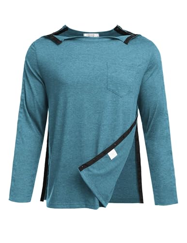 Deyeek Men's Post Shoulder Surgery Recovery Shirts Full Tear Away Long Sleeve Snap Chemo Port Access Shirt