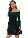Allegra K Damen Langarm Schulterfrei Samt Solid A-Linie Minikleid Kleid Dunkelgrün S