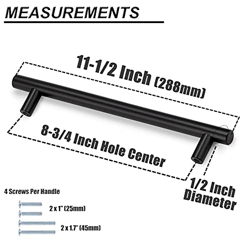 Image of Probrico 25 Pack 8.8 Inch (224mm) Center-to-Center Bar Cabinet Pull Black Kitchen Furniture Cabinet Handles Drawer Euro T Bar Handle Dresser Pulls