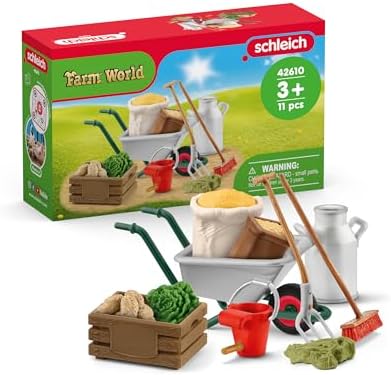 Schleich Farm World | Bauernhof Zubehör Set 42610 | ab 3 Jahre | 11 Teile | Set inkl. Schubkarre, Heugabel, Milchkanne, Eimer, Korb & Futter | für Pferde & andere schleich Tiere