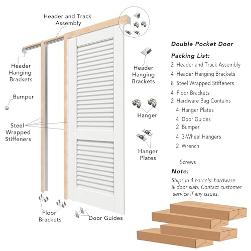 Image of 36 inch(2 x 18) x 80 inch Sliding Pocket Door, Louvered Pantry Doors with Frame and Hardware Kit, Interior Door, White Primer Closet Doors - No Panel Assembly Required