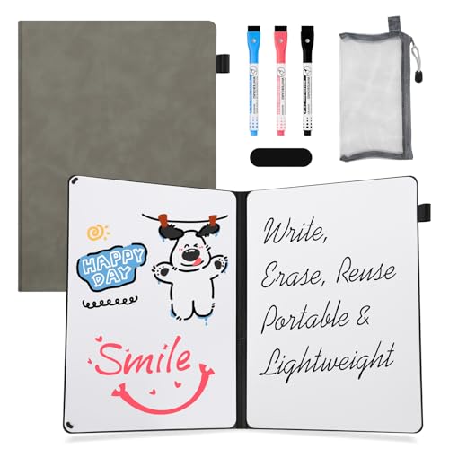 AGM Portable White Board Dry Erase Notebook, 12" x 9" Double Sided Folding Whiteboards with 3 Pens, Small Travel Dry Erase Board Skin-Friendly Material for Study, Meeting, Planning, Grey by AGM - Used condition - US$10.35