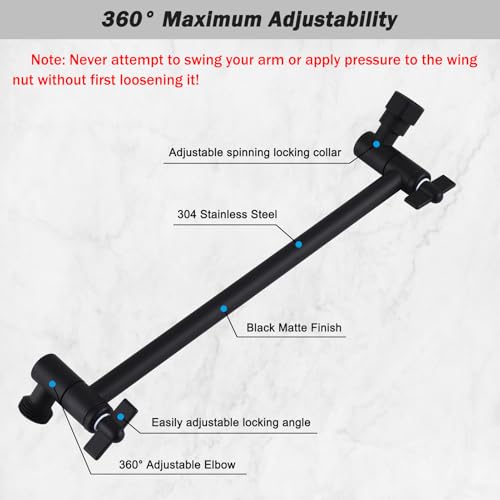 Happywins 12-Inch Shower Head Extension Arm, Adjustable Shower Extension Arm, Stainless Steel Shower Arm Extender, Compatible with G1/2 Universal Connector, Black
