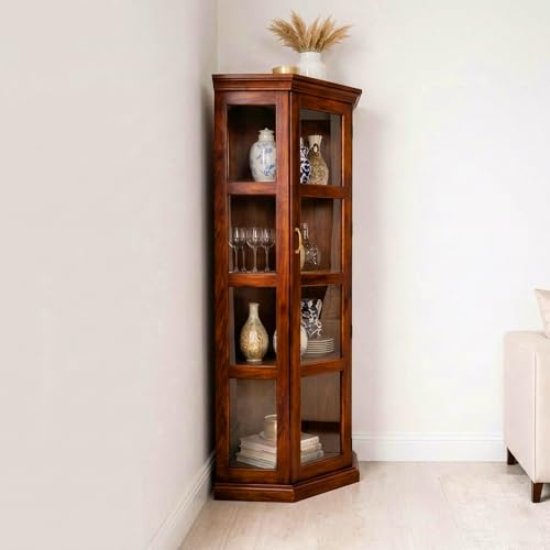 Image of SONA ART & CRAFTS Astro Sheesham Wooden Crockery Cabinet with Glass Door | Solid Wood Multipurpose Storage Cabinets for Living Room Home & Kitchen | Book Shelf Wooden - Natural Finish