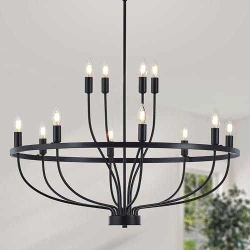 Widluth 33.5" Industrial Black Chandelier Vintage 12-Lights Rustic Candle Style